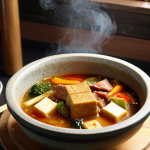 **Doenjang Jjigae: A steaming bowl of Korean doenjang stew with tofu, vegetables, and meat, vibrant colors, rustic setting.**