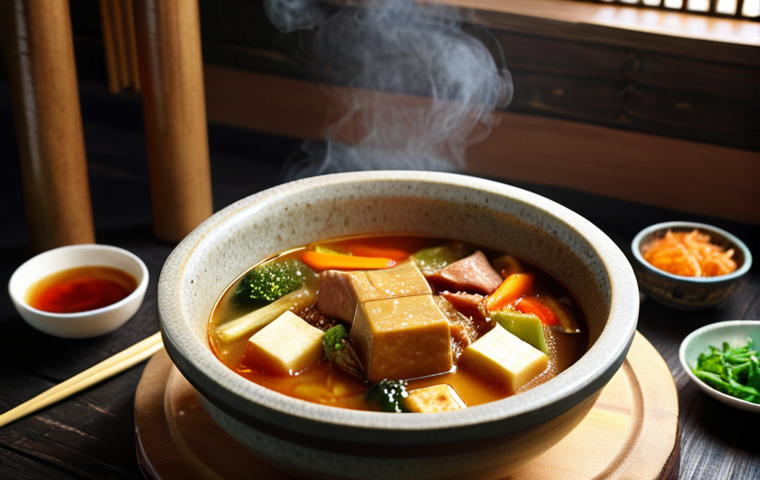 **Doenjang Jjigae: A steaming bowl of Korean doenjang stew with tofu, vegetables, and meat, vibrant colors, rustic setting.**